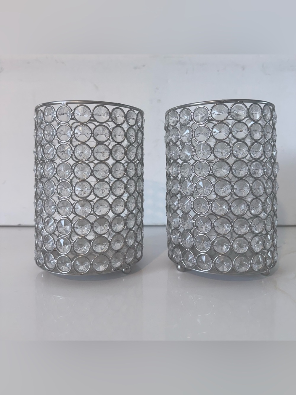 Home Essentials Clear Crystal Mesh Silver Candle Holders 7 Inches - Set of 2